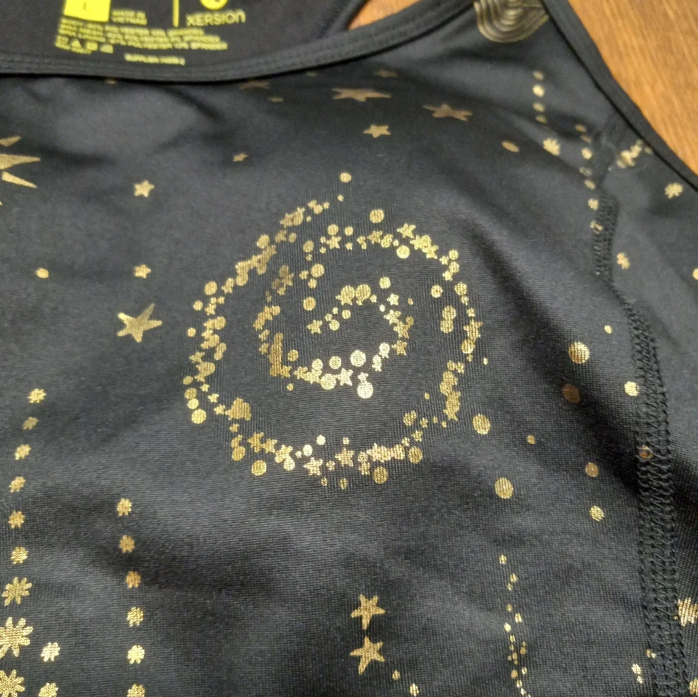 Xersion Black Sports Bra with Gold Celestial Print